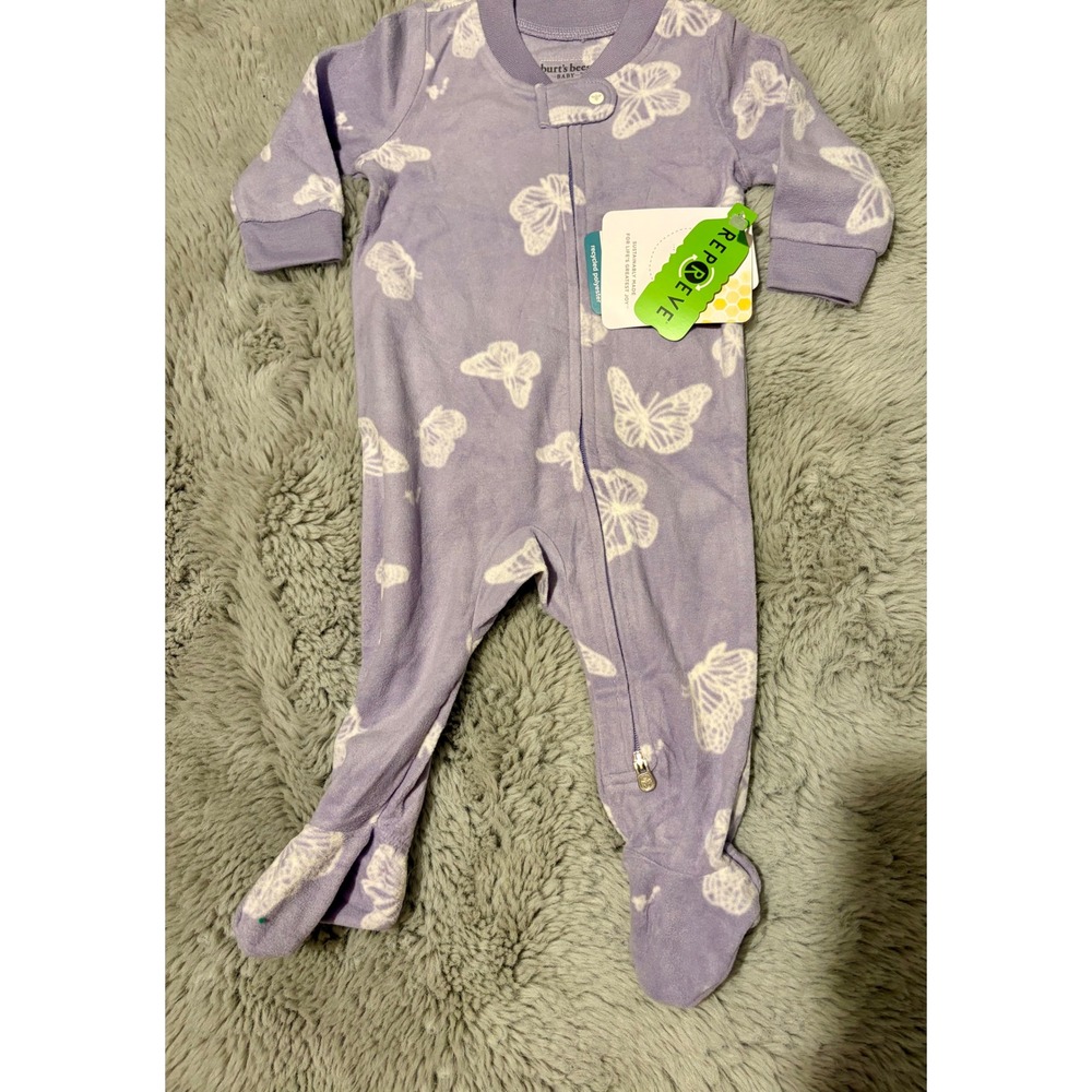 Burts Bees Baby Butterfly Fleece Sleeper Purple Repreve Zip Footie 0-3M NEW